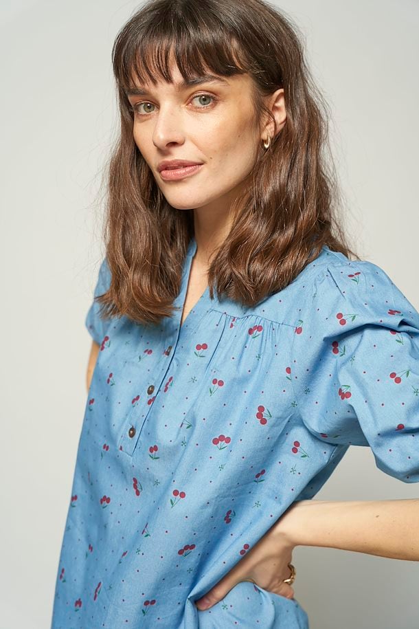 Fransa Blouse with short sleeve Mid Blue Denim Mix – Shop Mid Blue Denim Mix  Blouse with short sleeve from size S-XXL here